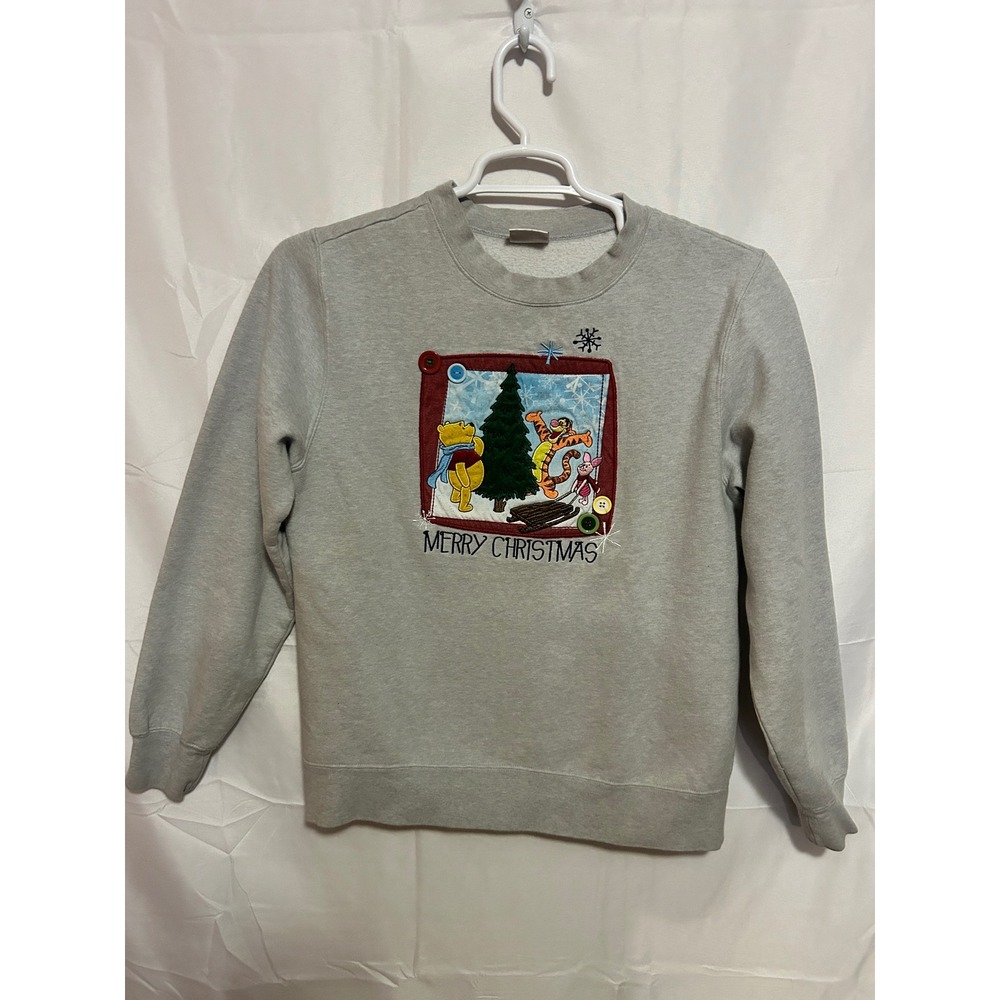 Disney Store Winnie the Pooh Merry Christmas Sweatshirt Gray Mens M Embroidered